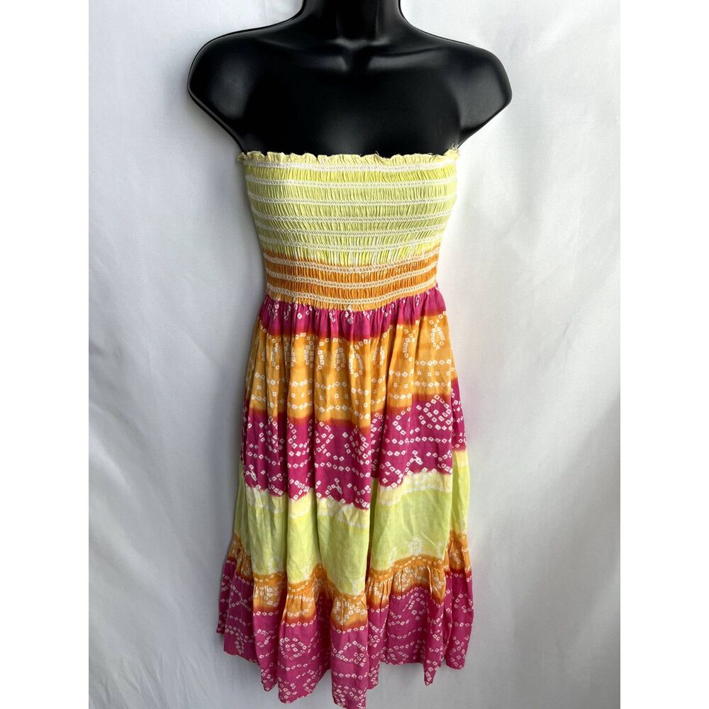 Raviya Smocked Dress Yellow Pink Size S Flare Multicolor Barbie Tiered Beachy